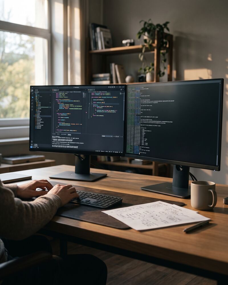 A home desk with two displays showing a code editor and a terminal, hands at the keyboard and a page of handwritten notes beside them