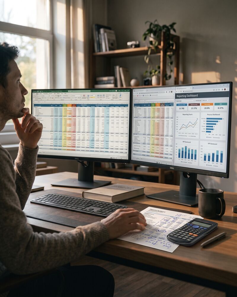 A wide spreadsheet across one display and a reporting dashboard on the other, with a calculator and a marked-up printout on the desk