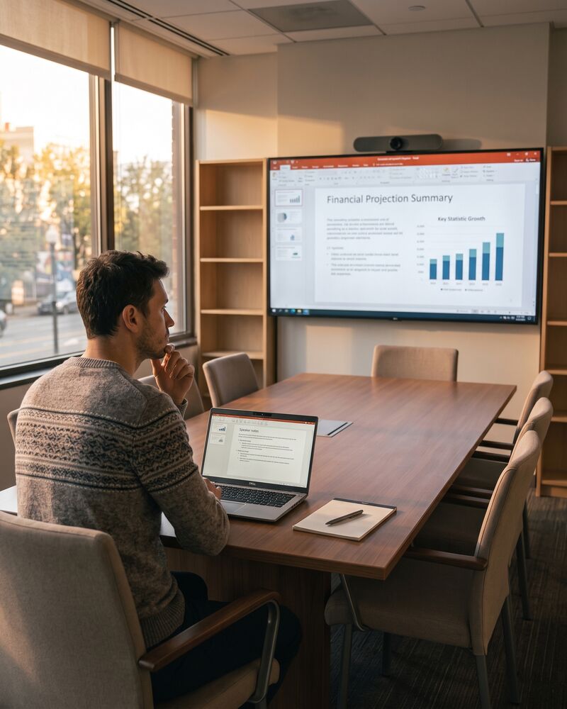A meeting room where a slide fills the wall display while the presenter keeps their speaker notes on a laptop at the table