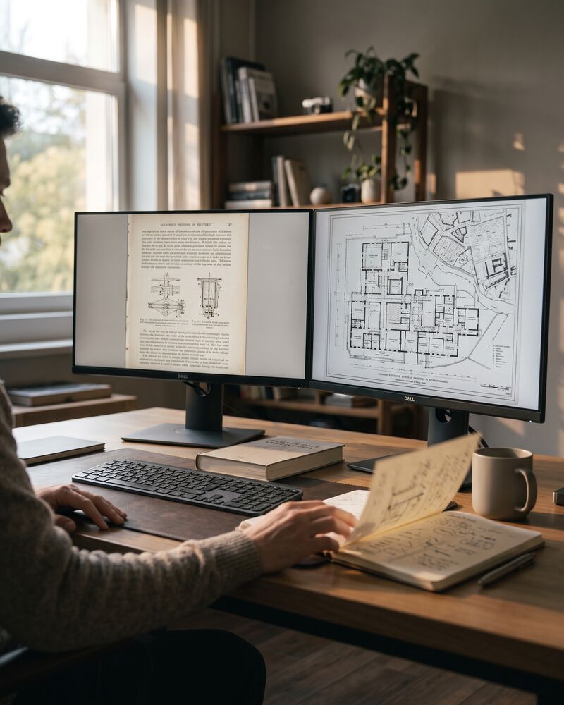 The same desk with a scanned book page on one display and a technical drawing on the other, an open notebook and loose pages in front of the keyboard