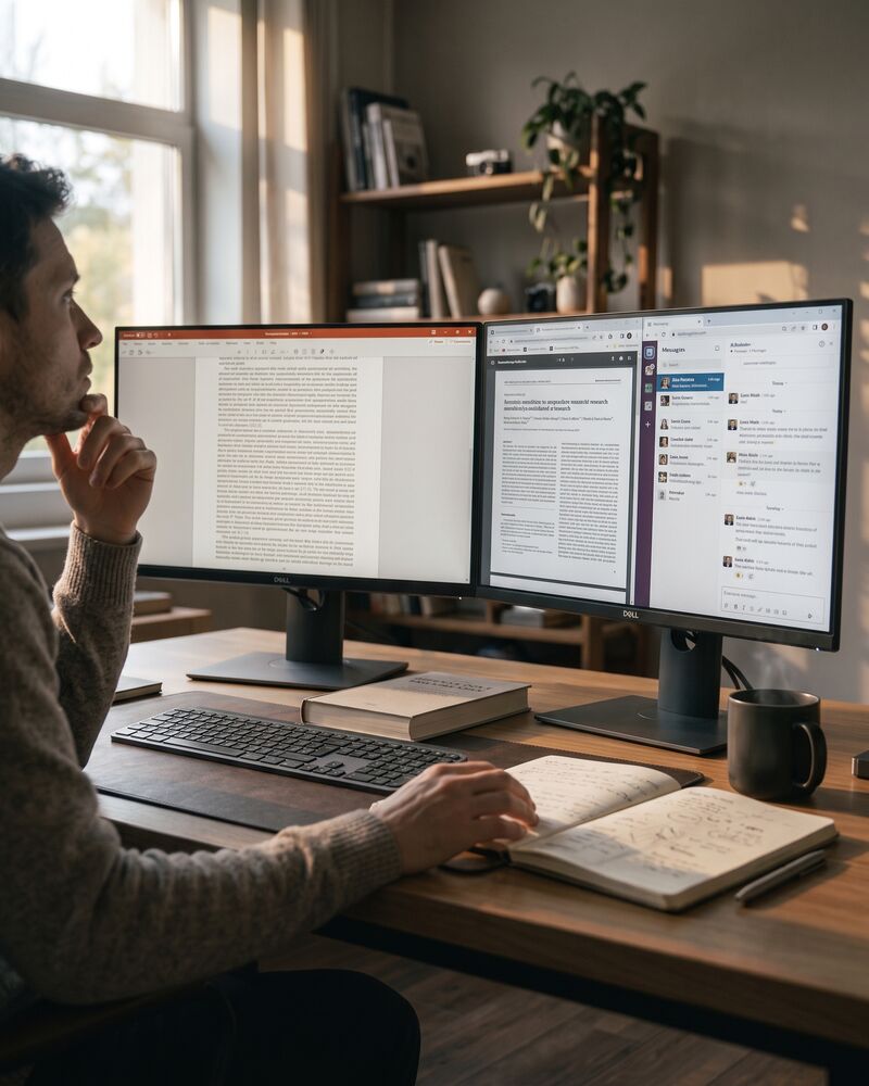 A three-window arrangement across two displays: a long document, a reading view and a message panel, with a notebook open at the desk